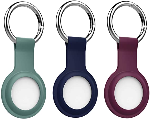 MoKo Protective Case for AirTag 2021, 3-Pack Soft Silicone Tracker Holder with Key Chain, Easy Carry Safety Anti-Lost AirTag Holder for Keys, Backpacks, Liner Bags, Dark Blue & Plum & Dark Green