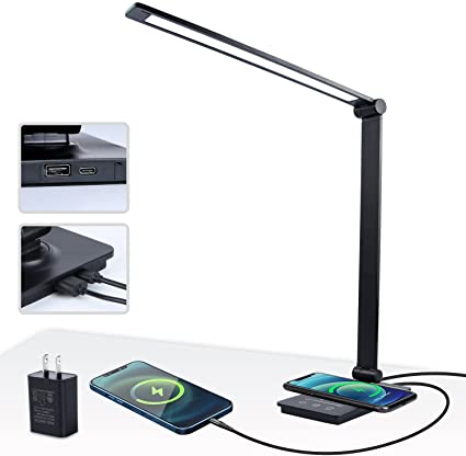 Desk Lamp, CeSunlight LED Desk Light with Wireless Charger, USB Charging Port, 5W, 500 Lumen, 5x5 Luminous Modes, 3000-6500K, 0.5/1H Auto Timing, Eye Care Desk Lamp for Home, Office (Adapter Included)