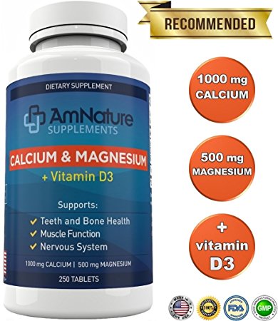Calcium & Magnesium with Vitamin D3 and Bentonite Clay - 1000mg Calcium and 500mg Magnesium Makes It Optimal and Recommended 2:1 Ratio for Teeth and Bone Health, Nervous System, Muscle Function and More, 250 Tablets, 3 Month Supply