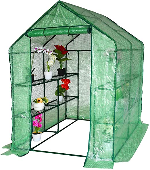 Sundale Outdoor Potable Walk in Green House, Large 3 Tier 8 Shelf Gardening Greenhouse with Waterproof PE Cover, Plant Stands & Roll-up Zipper Door, 56.2" L x 56.2" W x 72.8" H
