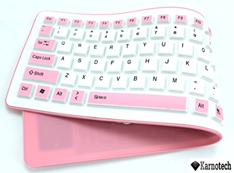 Karnotech® Foldable Silicone Keyboard USB Wired Silicon Flexible Soft Waterproof Roll Up Silica Gel Computer Desktop (103 Keys) Keyboard for PC Laptop Notebook for library work class indoor environment Pink