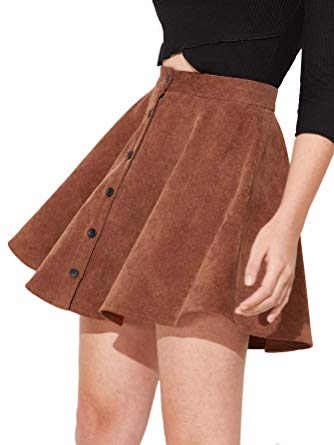 SheIn Women's Button Up Flare A-Line Corduroy Skater Cord Short Skirt