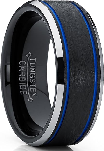 Metal Masters Co. Men's Tungsten Carbide Black and Blue Textured Wedding Band Ring Comfort Fit 8mm