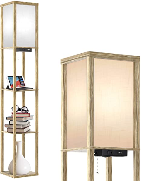 Outon Floor Lamp with Shelves, LED Column Modern Floor Lamp with USB Port & Power Outlet, Display Storage Wood Standing Lamp with White Linen Texture Shade for Living Room, Bedroom, Office (Wood)