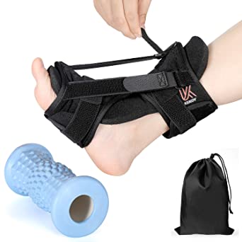 Upgraded 3-Straps Plantar Fasciitis Splints Night & Foot Massage Roller Set, Adjustable Foot Brace Drop Orthotic for Relieving Morning Pain Heel Arch Foot Pain, Effeicent & Durable Easy to Put On