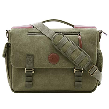 Mosiso Canvas Messenger Satchel Bag (up to 15.6 inch), Crossbody Sling Shoulder Case with Handle and Various Pockets for Laptop, Notebook, MacBook, Ultrabook and Chromebook Computers, Olive Green