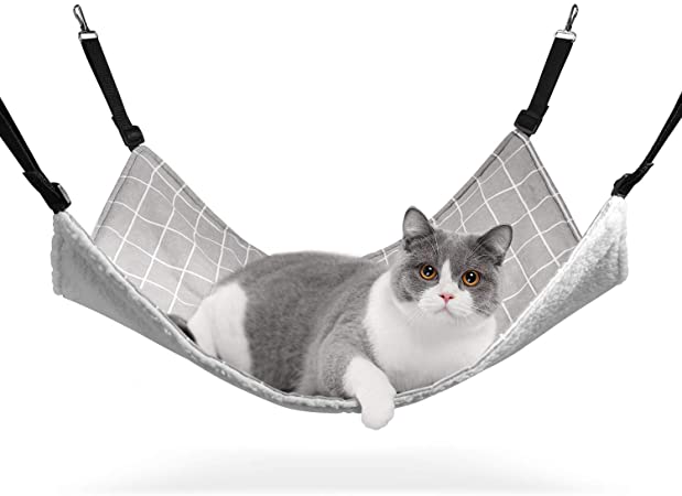 ComSaf Reversible Cat Hammock, Breathable Pet Cage Hammock with Adjustable Straps and Metal Hooks, Double-Sided Hanging Pet Hammock Bed for Cats, Ferret, Puppy, Other Small Animals, 22 x 19 inch