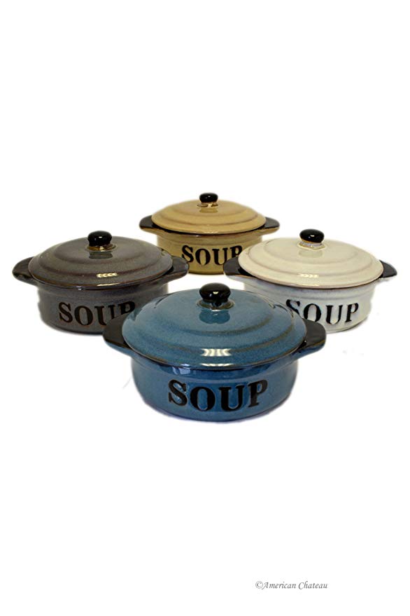 Set 4 Stoneware Vintage-Style 16oz French Onion "Soup" Crock Bowls with Lids