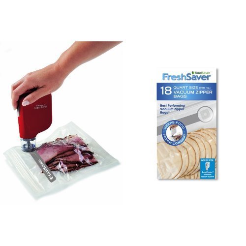 FoodSaver FSFRSH0053 FreshSaver Handheld Vacuum Sealing System and FoodSaver Quart-sized Vacuum Zipper Bags Bundle