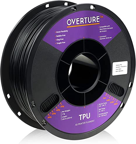 OVERTURE TPU Filament 1.75mm Flexible TPU Roll 3D Printer Consumables, 1kg Spool (2.2 lbs.), Dimensional Accuracy  /- 0.05mm (Black)