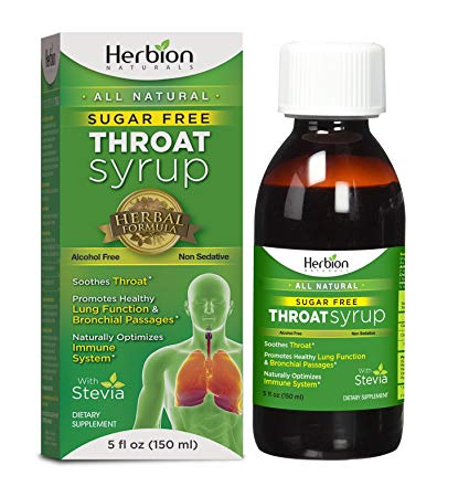 Herbion Naturals Sugar-Free Throat Syrup with Stevia, 5 fl oz - Naturally Tasty, Relieves Cough, Soothes Throat, Promotes Healthy Bronchial and Lung Function
