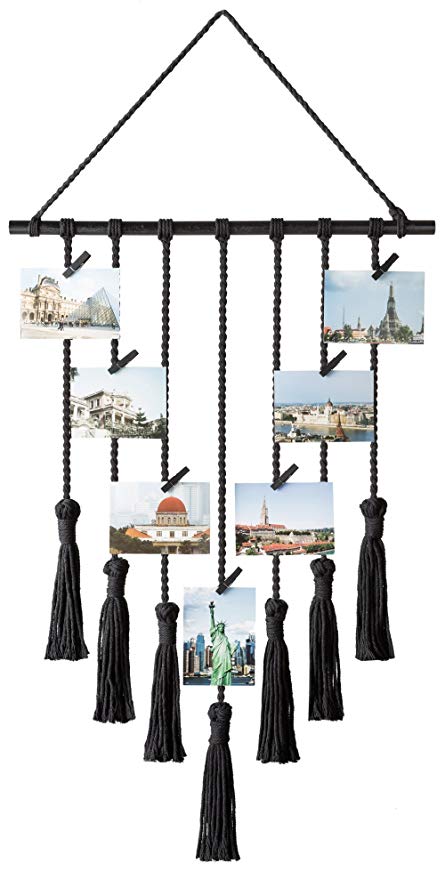 Mkono Hanging Photo Display Pictures Organizer Macrame Wall Decor, with 25 Wood Clips