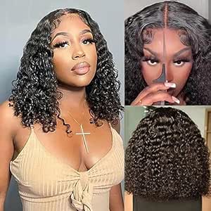 ISEE Hair Wear and Go Glueless Wigs Bob Wigs Human Hair Pre Plucked Water Wave Lace Front Wigs Human Hair Upgraded No Glue Transparent Lace Closure Wigs Human Hair for Women Natural Black 14 Inch