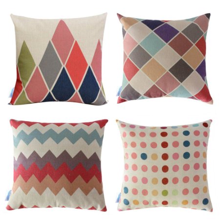 WOMHOPE 4 Pcs - 18" Colorful Geometry Style Cotton Linen Square Throw Pillow Case Decorative Cushion Cover Pillowcase Cushion Case for Sofa,Bed (Geometry B (Set of 4))