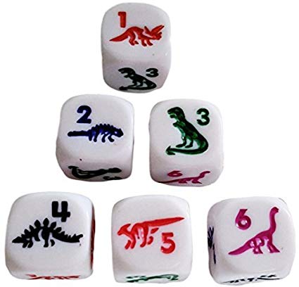 Custom & Unique {Standard Medium 16mm} 6 Ct Pack Set of 6 Sided [D6] Square Cube Shape Numbered Playing & Game Dice w/ Rounded Corner Edges w/ Dinosaurs Design [White, Blue, Green, Red, Pink & Black]