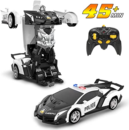 DEERC Transform RC Car Robot for Kids, Deformation Police Car Toy, Transforming Robot Remote Control Car with One Button Transformation, LED Light,360°Drifting,1:18 Scale, Toy for Boys and Girls