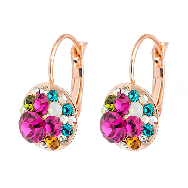 Multicolored Swarovski Crystal Earrings for Women Girls 14K Gold Plated Leverback Dangle Hoop Earrings