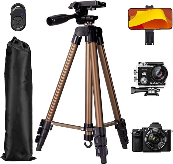 Phone Tripod Stand, 55" (140CM) iPhone Tripod Extendable Lightweight Aluminum with Phone Mount & Wireless Remote & Carry Bag, Adjustable Travel Tripod Compatible with Cell Phone/Camera （Brown）