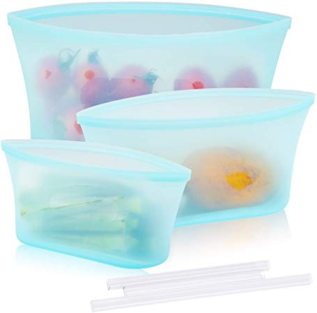 Reusable Silicone Food Storage Bag, Zip Lock Top Leakproof Containers Stand Up Preservation Bag with Slider for Fruits Vegetables Snacks Liquid, Microwave Dishwasher & Freezer Safe (3Pcs Bowl(Blue))