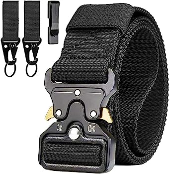 Mens Tactical Belt, Military style safety belts, Heavy Duty Nylon Canvas Waist Belt with 2 Hooks and Quick Release Cobra Buckle for Outdoor Sports Camping Hunting