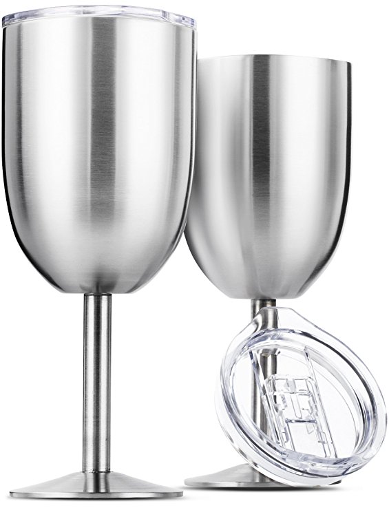 Stainless Steel Wine Glasses, Double Wall Insulated with Lids - Set of 2, Metal Wine Glass for Outdoor Travel, Camping, Red White Wine Goblet, 14oz, Unbreakable, Shatterproof, Portable, BPA Free
