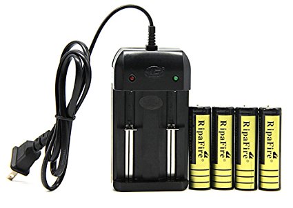 RipaFire Li-ion Battery Universal Charger for 18650 16340 26650 14500 Battery Dual-slot Intelligent Charger with 4 PCS RipaFire 18650 Reachargeable Batteries
