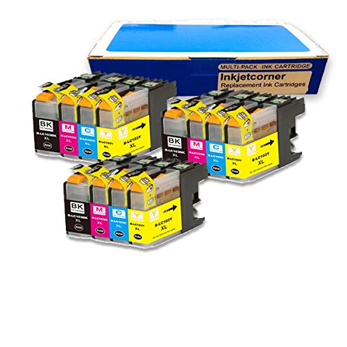 Inkjetcorner 12 Pack Compatible Ink Value Combo for Brother LC103 LC101 LC103XL BLC103 MFC-J285DW MFC-J470DW MFC-J475DW MFC-J650DW MFC-J870DW MFC-J875DW (3 Black 3 Cyan 3 Magenta 3 Yellow) LC103BK LC103C LC103M CL103Y (Latest Chip Installed)