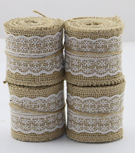 Set of 4 Natural Jute Burlap Rolls Ribbon with Lace 2.3" Wide 2 Yards Long per Roll Wedding Decoration Multiple Colors : White, Blue, Green, Pink (White)
