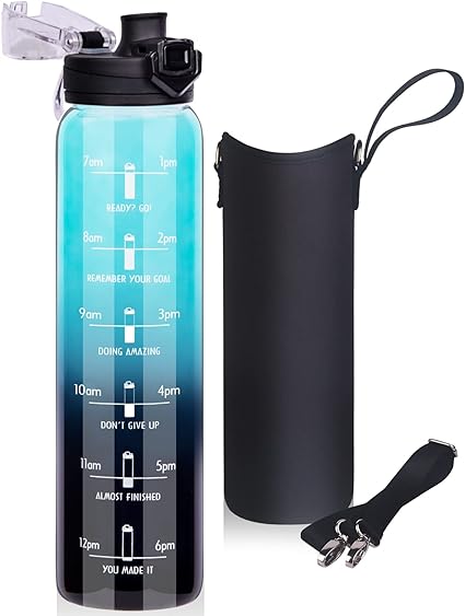 Reeho 32oz Sports Motivational Glass Water Bottle with Time Maker, Large Reusable Drinking Bottle with Flip Lid and Sleeve, BPA Free