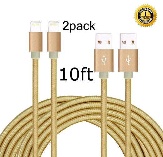 IFaxnn 2pcs 10FT Lightning Cable Popular Nylon Braided Charging Cable Extra Long USB Cord for iphone 6s, 6s plus, 6plus, 6,5s 5c 5,iPad Mini, Air,iPad5,iPod on iOS9.(gold).