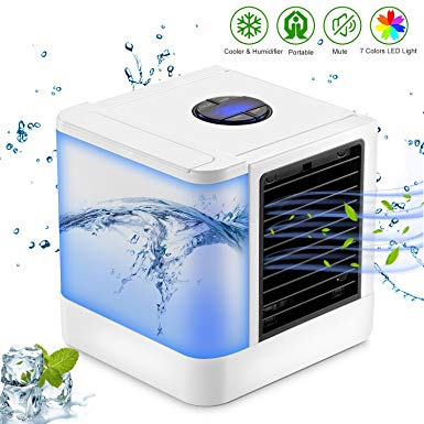 Personal Space Air Cooler, SENDOW Leak-Proof 3-in-1 Desk Air Conditioner/Humidifier/Purifier, USB Cooling Fan with Independent Water Tank, 7 Colors LED & 3 Speeds Setting for Home Office Bedroom Yoga