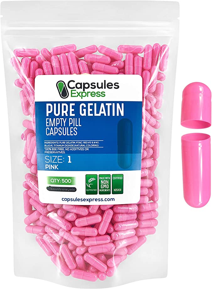 XPRS Nutra Size 1 Empty Capsules - Pink Colored Empty Gelatin Capsules - Capsules Express Empty Pill Capsules - DIY Supplement Capsule Filling - Fillable Color Gel Caps Pills (500 Count)