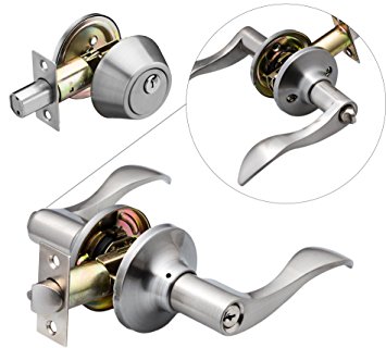 Berlin Modisch Entrance Lever Door Handle (for office and front door) Reversible for right and left side and a single cylinder deadbolt set Keyed Alike - combo pack