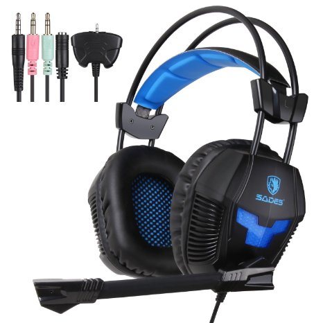 UL [2016 New Update]SADES Stereo Gaming Headset, SA921 Lightweight Over Ear Computer Gaming Headphones 3.5mm Jack with Mic for Laptop PC/MAC/PS4/XBOX ONE/Phones With Splitter Adapter(Black Blue)