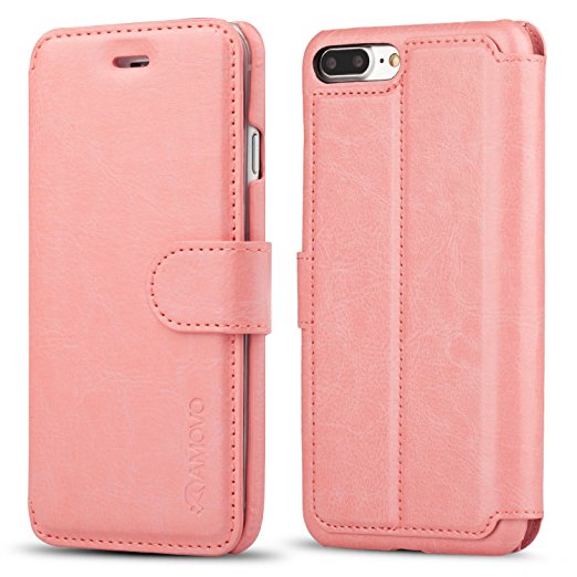 AMOVO iPhone 7 Plus Case, iPhone 7 Plus Wallet Case, Ultra Slim Flip Case with Card Slot [Stand] [Wallet], iPhone 7 Plus Leather Case with Gift Box Package (iPhone 7 Plus (5.5") Coral Pink)