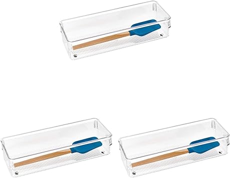 iDesign Linus Organiser Tray, Small Plastic Drawer Insert, Works Well as Accessories Organiser, Clear, 8.1 x 25 x 5.1 cm (Pack of 3)