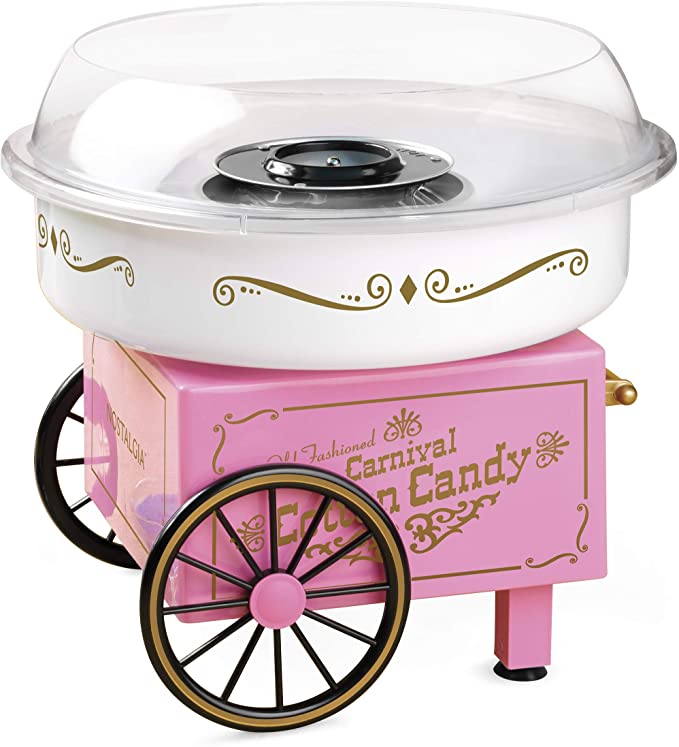 Nostalgia PCM306PK Vintage Hard Free Countertop Cotton Candy Maker, Includes 2 Reusable Cones And Sugar Scoop – Pink