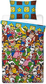 Super Mario Gang Single Duvet Cover | Reversible Two Sided Official Mario Bedding Duvet Cover With Matching Pillow Case