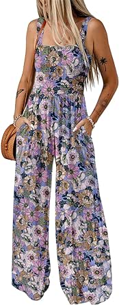 Dokotoo Women's Casual Loose Overalls Jumpsuits One Piece Sleeveless Printed Wide Leg Long Pant Rompers With Pockets