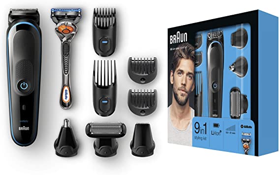 Braun 9-in-1 All-in-One Trimmer MGK5080 Beard Trimmer and Hair Clipper Body Groomer Ear and Nose Hair Trimmer Detail Trimmer Attachment Black/Blue, 2 pin Plug