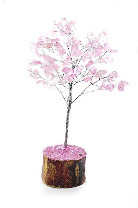 Crocon Natural Gemstone Bonsai Money Tree for Good Luck, Wealth Health & Prosperity Spiritual Gift Crystal Energy Feng Shui Home Table Decor Size 7-8 inch (Rose Quartz (Silver Wire))