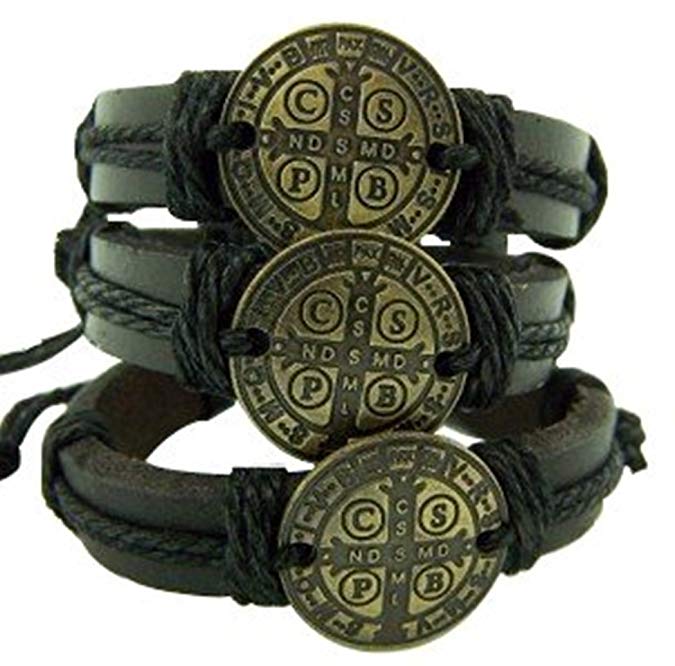 CB Leather Saint St Benedict Bracelet Pack S M L Bronze Tone Medal, Pack of 3
