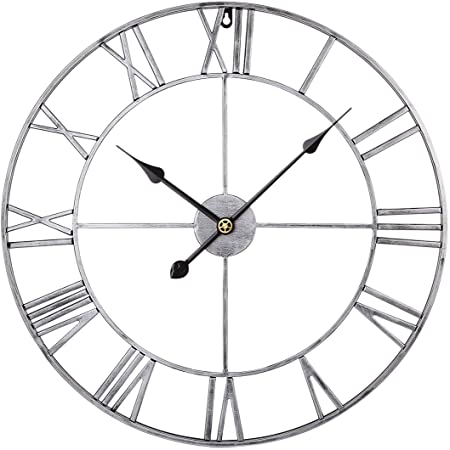 DXX Large Metal Clock 60 CM/23.6 Inch Metal Vintage Wall Clock Silent Non-ticking Decorative Wall Clock For Living Room-Silver