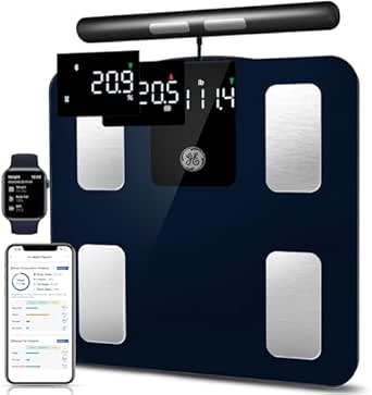 GE Smart Scale for Body Weight: 8-Electrode Digital Bathroom Scale for Body Weight Fat BMI Muscle Mass Full Body Composition Analyzer 27 Measurements Bluetooth Highly Accurate Weighing Scale, 400 lbs