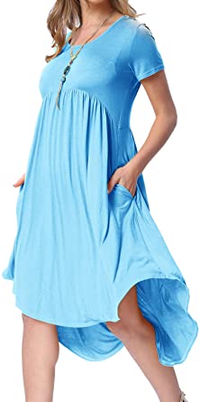 levaca Women's Pockets High Low Pleated Loose Swing Casual Midi Dress