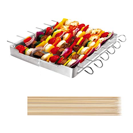 Unicook Heavy Duty Stainless Steel Barbecue Skewer Shish Kabob Set, 6pcs Skewer Sticks and Grill Rack Set for Meat & Vegetables, Bonus of 50pcs 12.5 inch Bamboo Skewers, No mess for Your Grill