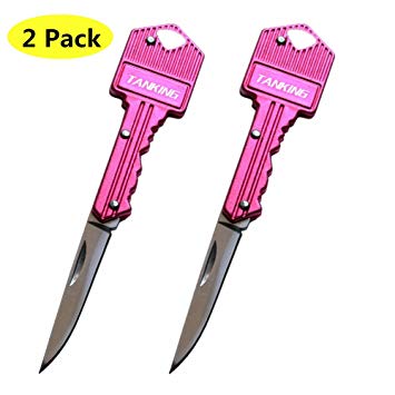 TANKING 2 Pack Stainless Steel Keychain Shaped Folding Pocket Knife(Pink)