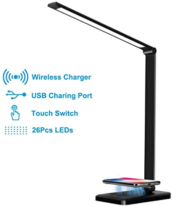 LED Desk Lamp with Wireless Charger,LERMX Multifunctional Eye-Caring Table Lamps with USB Charging Port, 5 Brightness Levels 5 Lighting Modes,Sensitive Control, 30/60 min Auto Timer Lamp with Adapter