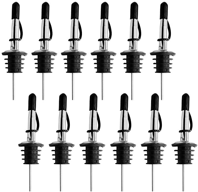 [UPGRADED VERSION] 12PCS Stainless Steel Pourers, Olive Oil and Vinegar Tapered Stopper Spout, Liquor Pourers with Rubber Dust Caps, Suitable for About 3/4" Bottle Mouth, Gift Cleaning Brush