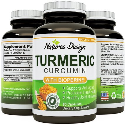 Turmeric Curcumin with Bioprene Black Pepper Extract With 95% Curcuminoids Vitamin B6 Manganese & Iron -Powerful Pain Relief Increased Energy & Bone Health Support For Women & Men By Natures Design